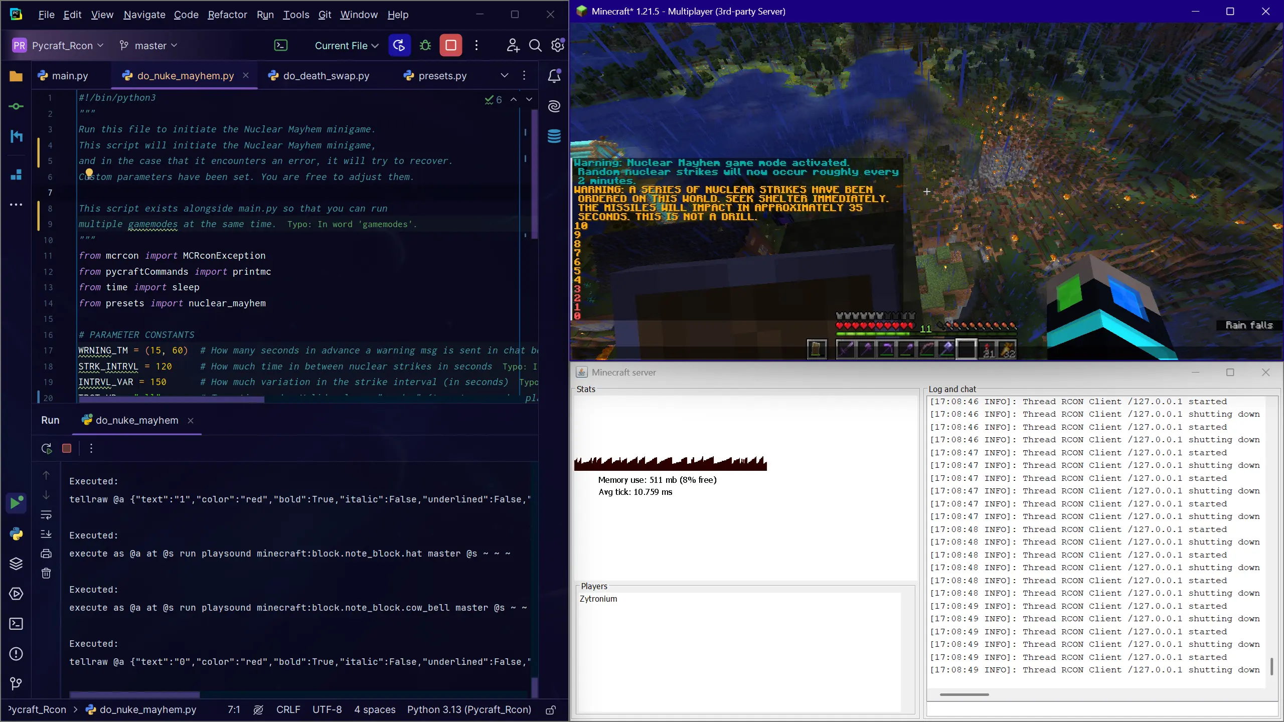 Screenshot of Pycraft Rcon in action
